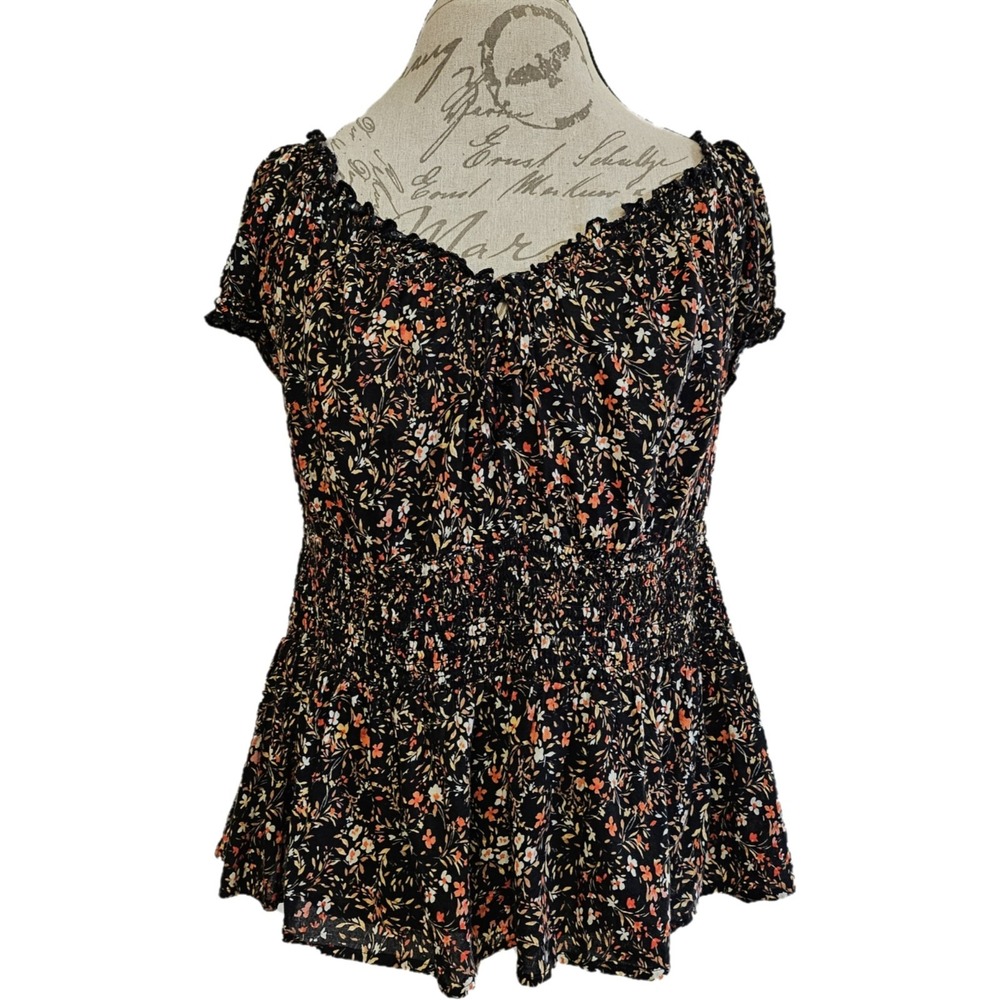 Old Navy Black Ditsy Floral Smocked Waist‎ Tie Front Milkmaid Top Size XL